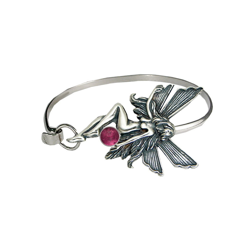 Sterling Silver Fairy Strap Latch Spring Hook Bangle Bracelet With Pink Tourmaline